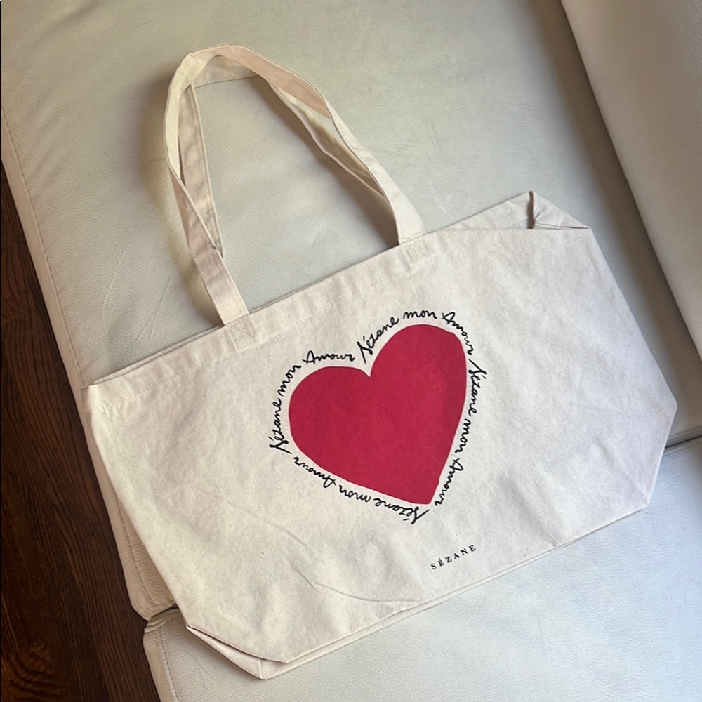 NWOT Sezane Canvas Tote Bag Red Heart Graphic Large Everyday